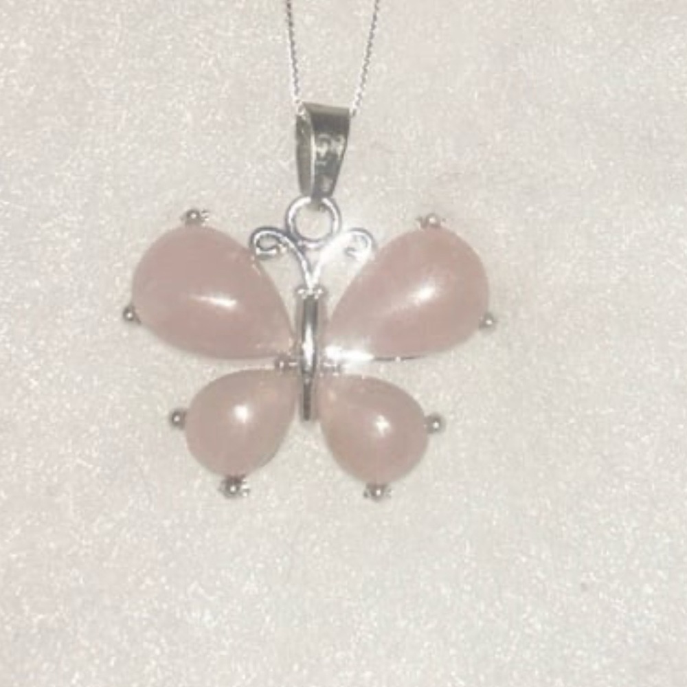 Boho hippie Rose Quartz Crystal Butterfly Sterling Silver 24” Necklace